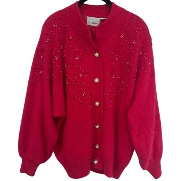 Vintage Sia Bellini Pink Floral Beaded Rabbit Hair Wool Blend Cardigan Luxury M - Picture 2 of 11